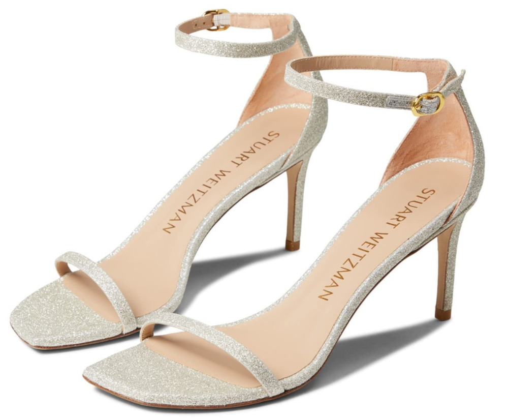 Stuart Weitzman Nudistcurve 75 Women's Heels Sandals Platino Glitter Size 8.5